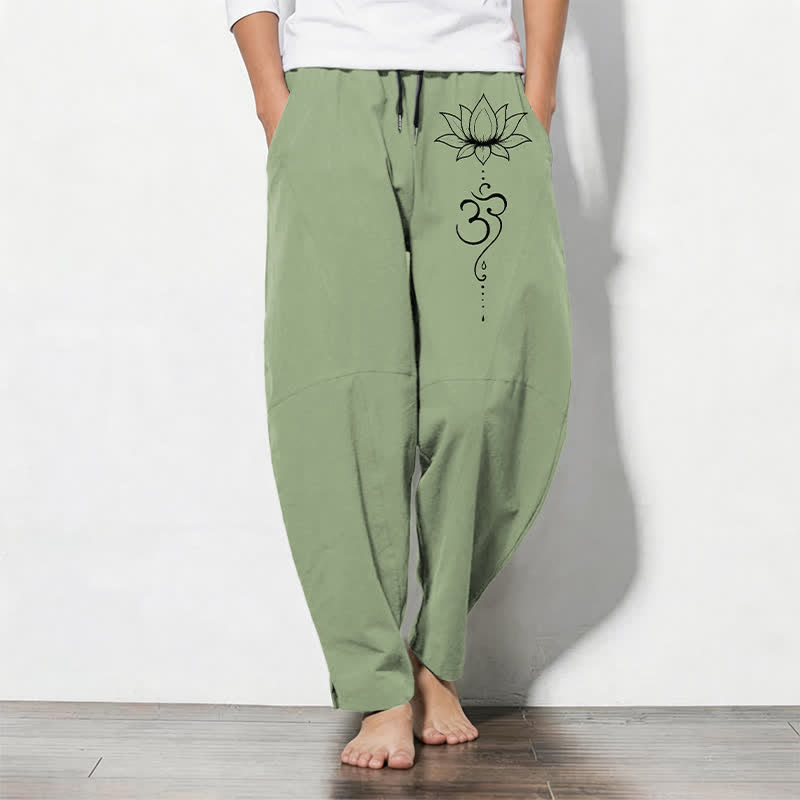 Nimara Ritual Pure Cotton Lotus Om Pattern Drawstring Men's Tapered Pants With Pockets