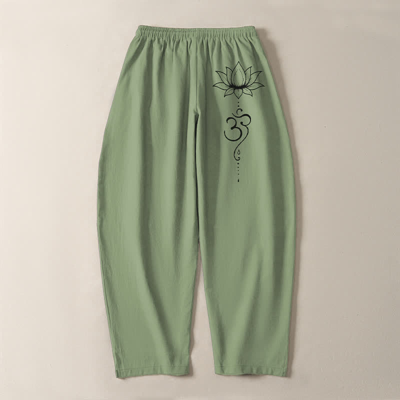 Nimara Ritual Pure Cotton Lotus Om Pattern Drawstring Men's Tapered Pants With Pockets