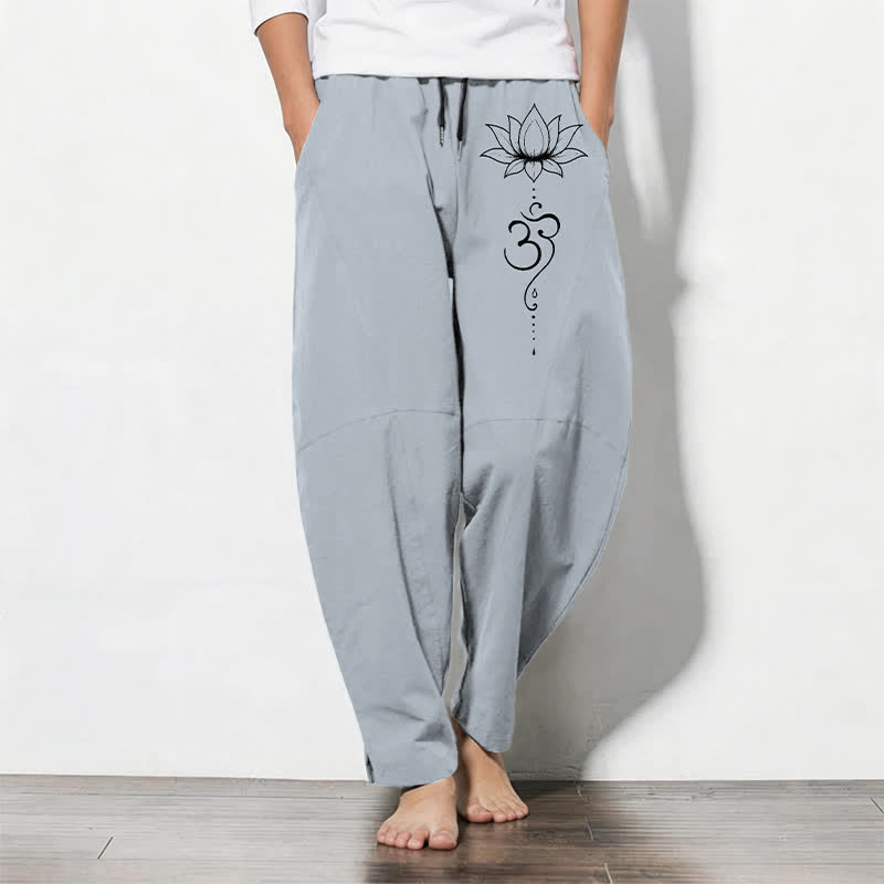 Nimara Ritual Pure Cotton Lotus Om Pattern Drawstring Men's Tapered Pants With Pockets