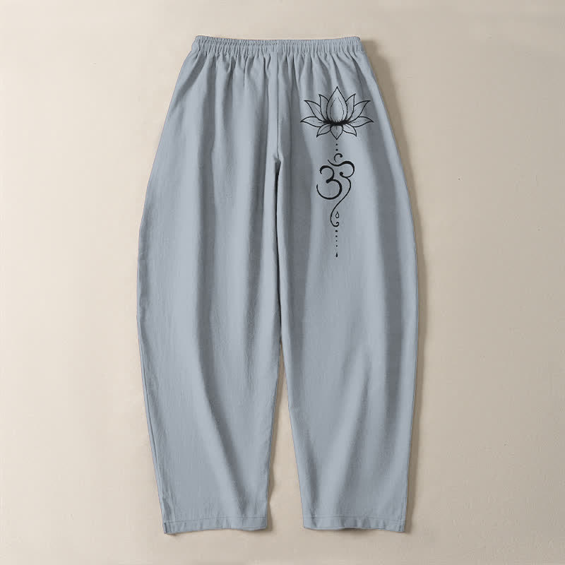 Nimara Ritual Pure Cotton Lotus Om Pattern Drawstring Men's Tapered Pants With Pockets