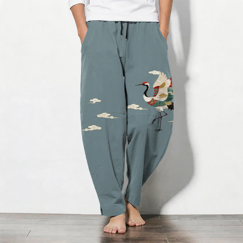 Nimara Ritual Pure Cotton Multicolor Crane Cloud Pattern Drawstring Men's Tapered Pants With Pockets