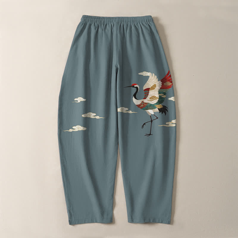 Nimara Ritual Pure Cotton Multicolor Crane Cloud Pattern Drawstring Men's Tapered Pants With Pockets