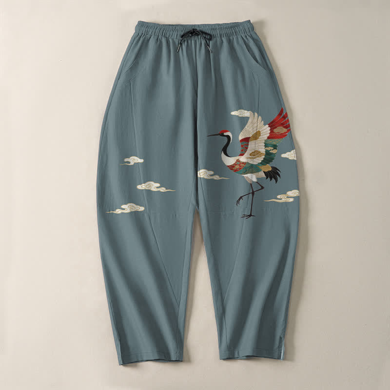 Nimara Ritual Pure Cotton Multicolor Crane Cloud Pattern Drawstring Men's Tapered Pants With Pockets