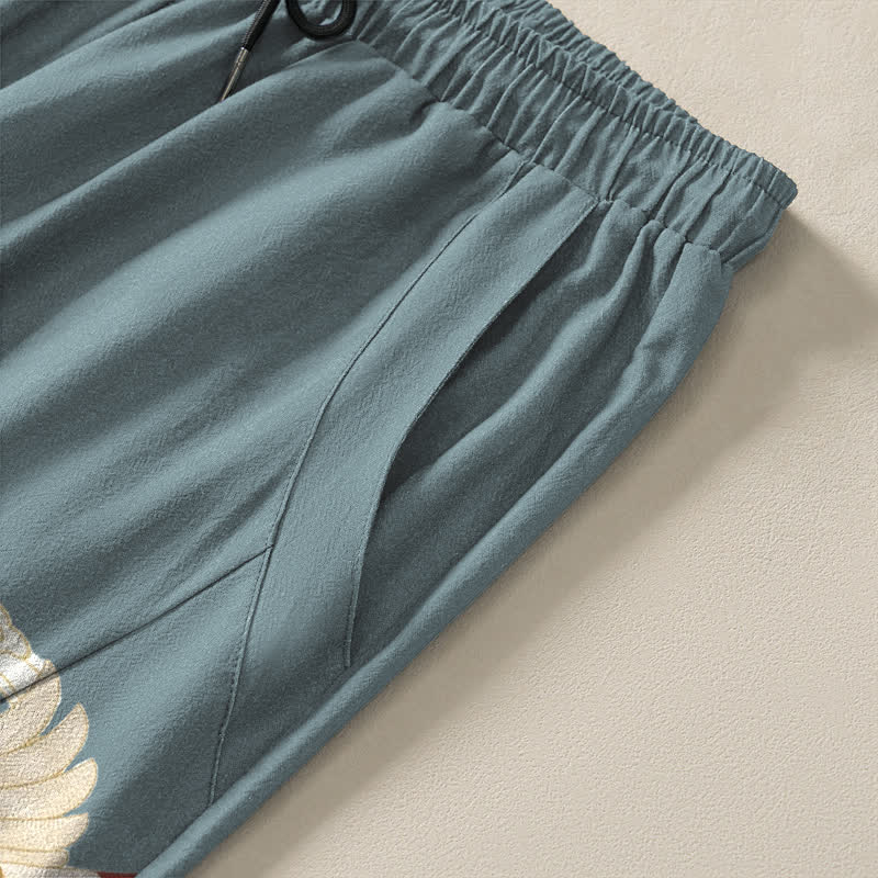 Nimara Ritual Pure Cotton Multicolor Crane Cloud Pattern Drawstring Men's Tapered Pants With Pockets