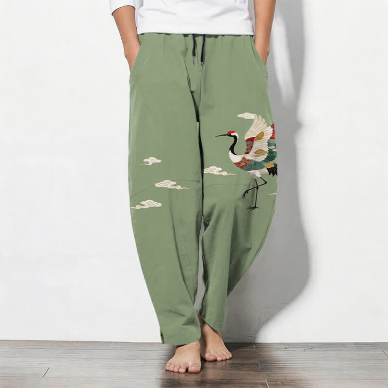 Nimara Ritual Pure Cotton Multicolor Crane Cloud Pattern Drawstring Men's Tapered Pants With Pockets