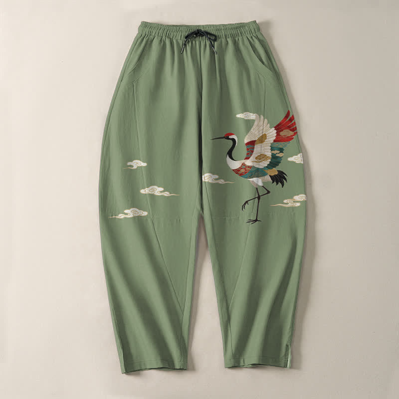 Nimara Ritual Pure Cotton Multicolor Crane Cloud Pattern Drawstring Men's Tapered Pants With Pockets