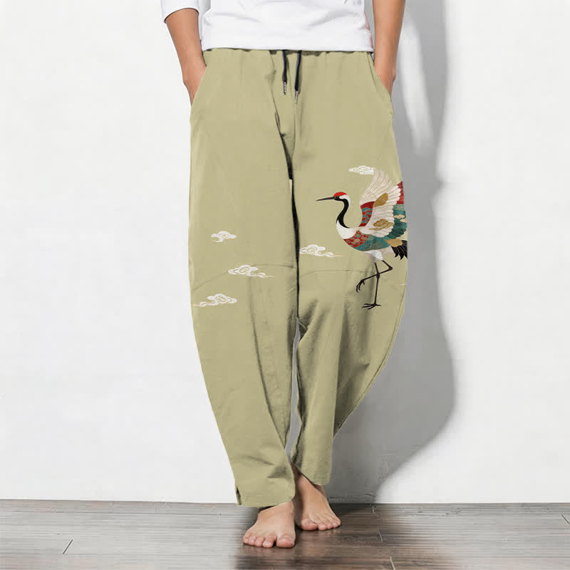 Nimara Ritual Pure Cotton Multicolor Crane Cloud Pattern Drawstring Men's Tapered Pants With Pockets
