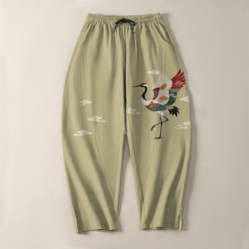 Nimara Ritual Pure Cotton Multicolor Crane Cloud Pattern Drawstring Men's Tapered Pants With Pockets