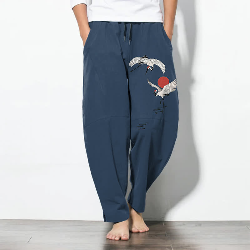 Nimara Ritual Pure Cotton Crane Red Sun Pattern Drawstring Men's Tapered Pants With Pockets