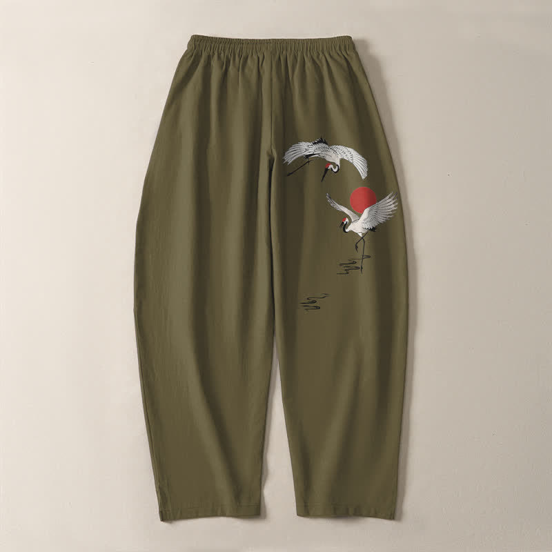 Nimara Ritual Pure Cotton Crane Red Sun Pattern Drawstring Men's Tapered Pants With Pockets