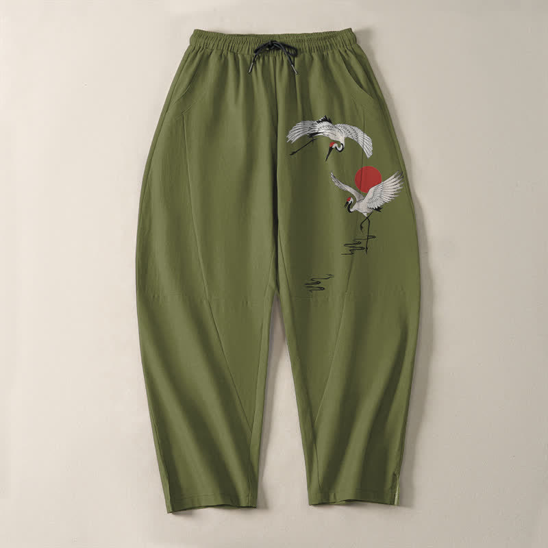 Nimara Ritual Pure Cotton Crane Red Sun Pattern Drawstring Men's Tapered Pants With Pockets