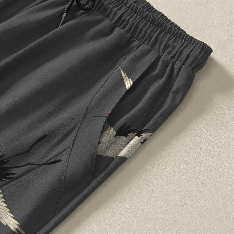 Nimara Ritual Pure Cotton White Red-crowned Crane Clouds Pattern Drawstring Men's Tapered Pants With Pockets