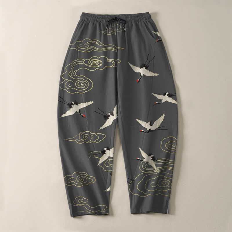 Nimara Ritual Pure Cotton White Red-crowned Crane Clouds Pattern Drawstring Men's Tapered Pants With Pockets