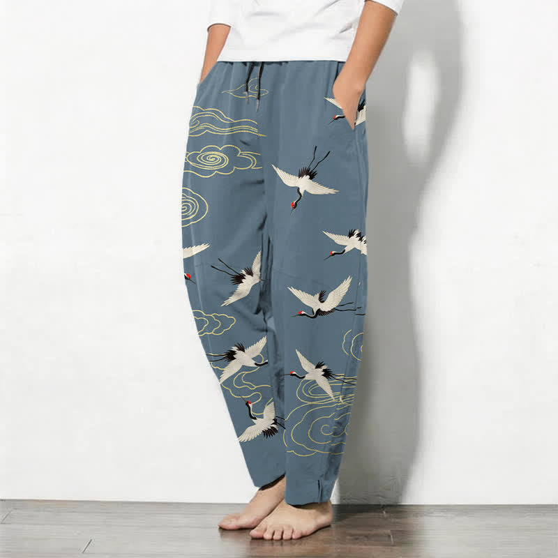 Nimara Ritual Pure Cotton White Red-crowned Crane Clouds Pattern Drawstring Men's Tapered Pants With Pockets