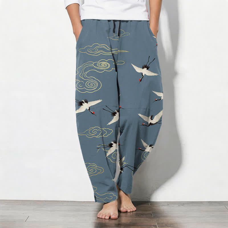 Nimara Ritual Pure Cotton White Red-crowned Crane Clouds Pattern Drawstring Men's Tapered Pants With Pockets