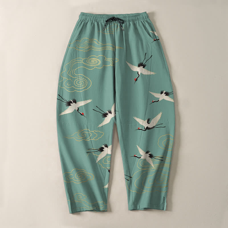 Nimara Ritual Pure Cotton White Red-crowned Crane Clouds Pattern Drawstring Men's Tapered Pants With Pockets