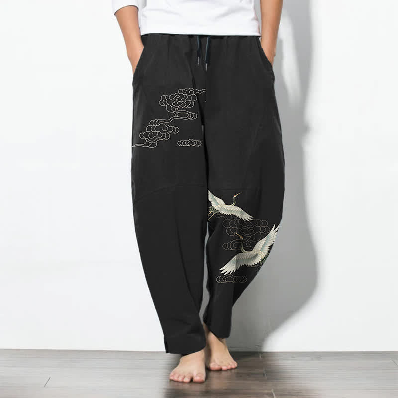Nimara Ritual Pure Cotton White Crane Clouds Pattern Drawstring Men's Tapered Pants With Pockets