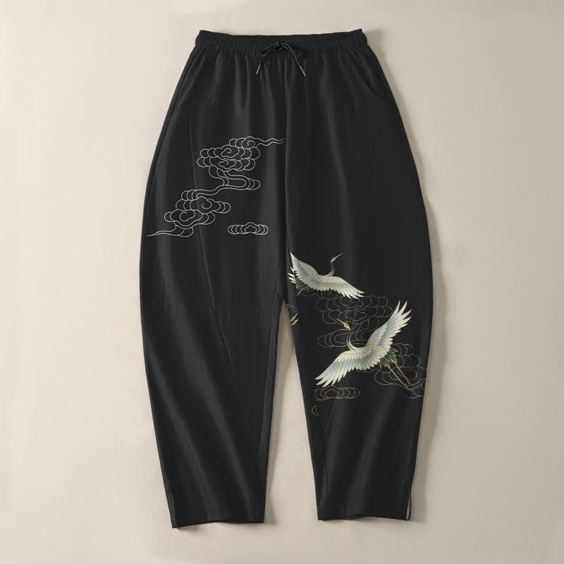 Nimara Ritual Pure Cotton White Crane Clouds Pattern Drawstring Men's Tapered Pants With Pockets