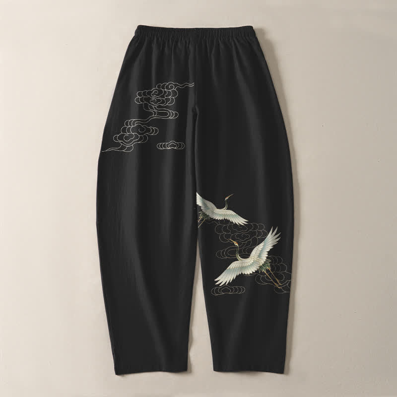 Nimara Ritual Pure Cotton White Crane Clouds Pattern Drawstring Men's Tapered Pants With Pockets