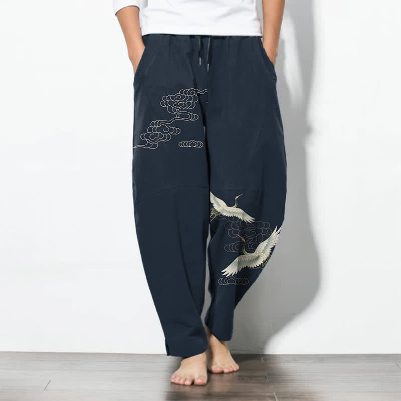 Nimara Ritual Pure Cotton White Crane Clouds Pattern Drawstring Men's Tapered Pants With Pockets