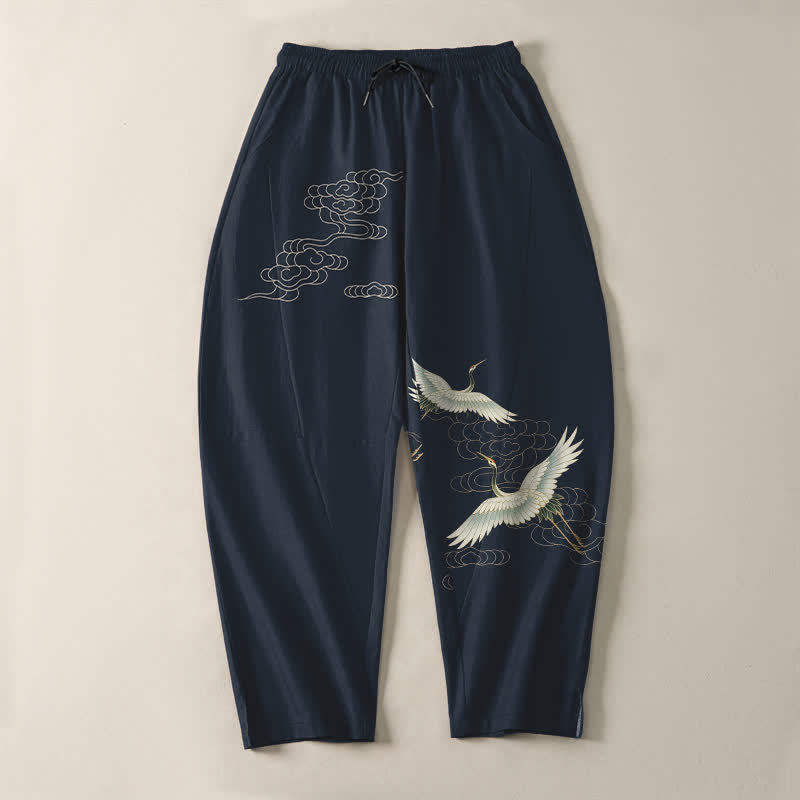 Nimara Ritual Pure Cotton White Crane Clouds Pattern Drawstring Men's Tapered Pants With Pockets