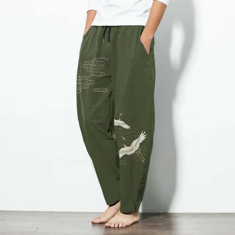 Nimara Ritual Pure Cotton White Crane Clouds Pattern Drawstring Men's Tapered Pants With Pockets