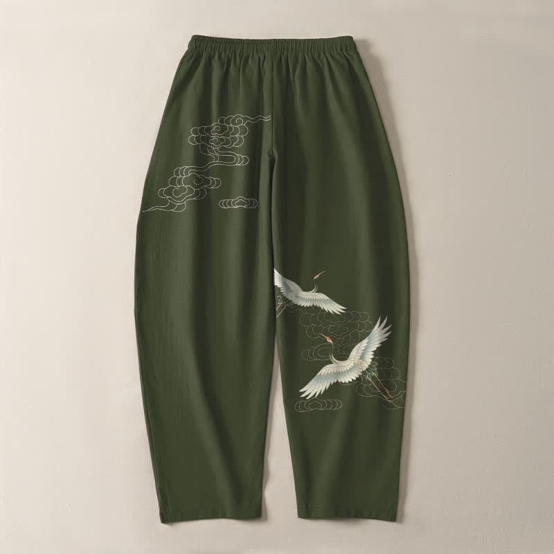 Nimara Ritual Pure Cotton White Crane Clouds Pattern Drawstring Men's Tapered Pants With Pockets