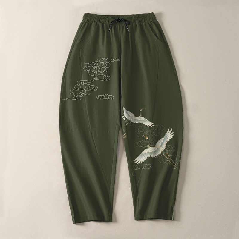 Nimara Ritual Pure Cotton White Crane Clouds Pattern Drawstring Men's Tapered Pants With Pockets