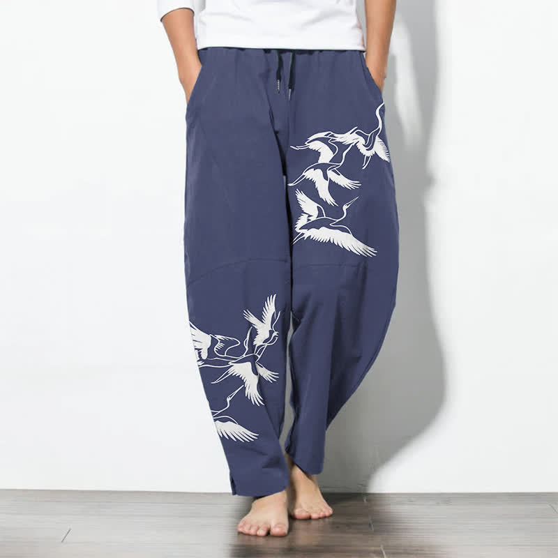Nimara Ritual Pure Cotton Flying Crane Pattern Drawstring Men's Tapered Pants With Pockets