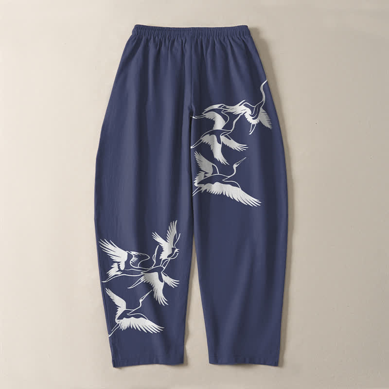 Nimara Ritual Pure Cotton Flying Crane Pattern Drawstring Men's Tapered Pants With Pockets