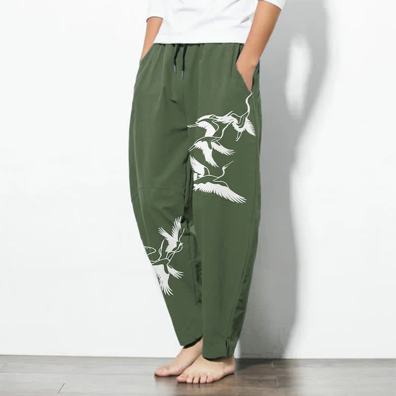 Nimara Ritual Pure Cotton Flying Crane Pattern Drawstring Men's Tapered Pants With Pockets