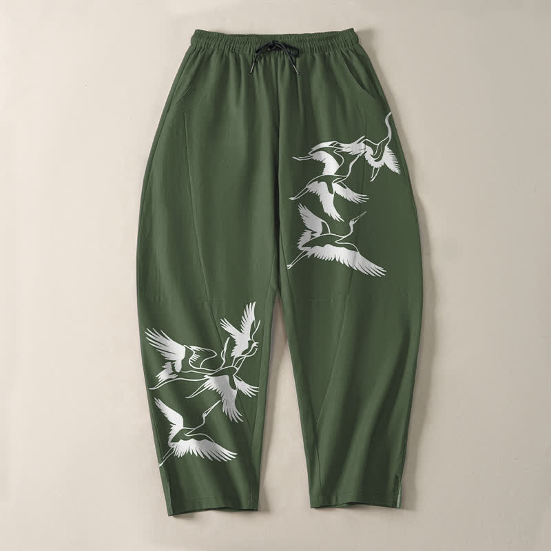 Nimara Ritual Pure Cotton Flying Crane Pattern Drawstring Men's Tapered Pants With Pockets