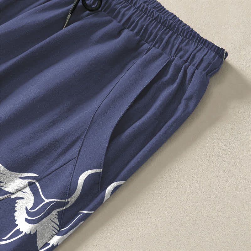 Nimara Ritual Pure Cotton Flying Crane Pattern Drawstring Men's Tapered Pants With Pockets