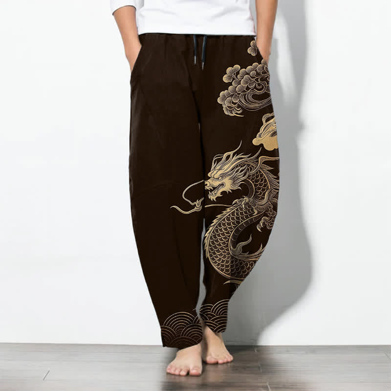Nimara Ritual Pure Cotton Golden Dragon Cloud Pattern Drawstring Men's Tapered Pants With Pockets