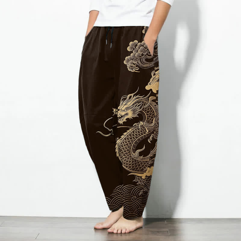 Nimara Ritual Pure Cotton Golden Dragon Cloud Pattern Drawstring Men's Tapered Pants With Pockets