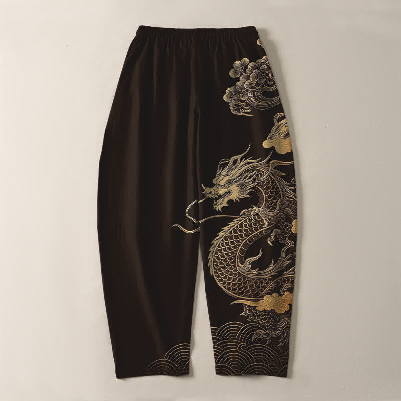 Nimara Ritual Pure Cotton Golden Dragon Cloud Pattern Drawstring Men's Tapered Pants With Pockets
