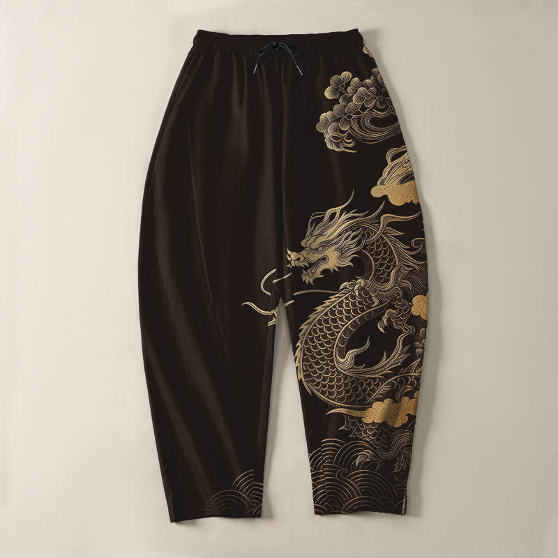 Nimara Ritual Pure Cotton Golden Dragon Cloud Pattern Drawstring Men's Tapered Pants With Pockets