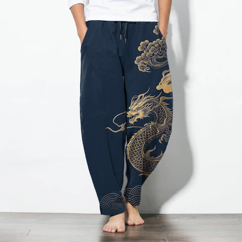 Nimara Ritual Pure Cotton Golden Dragon Cloud Pattern Drawstring Men's Tapered Pants With Pockets