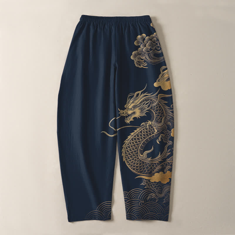 Nimara Ritual Pure Cotton Golden Dragon Cloud Pattern Drawstring Men's Tapered Pants With Pockets