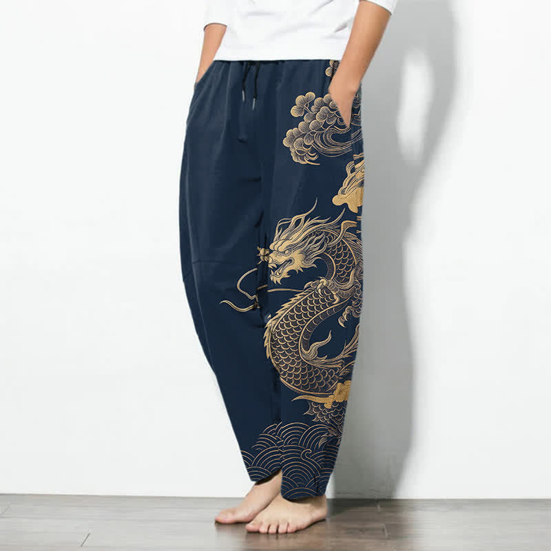 Nimara Ritual Pure Cotton Golden Dragon Cloud Pattern Drawstring Men's Tapered Pants With Pockets