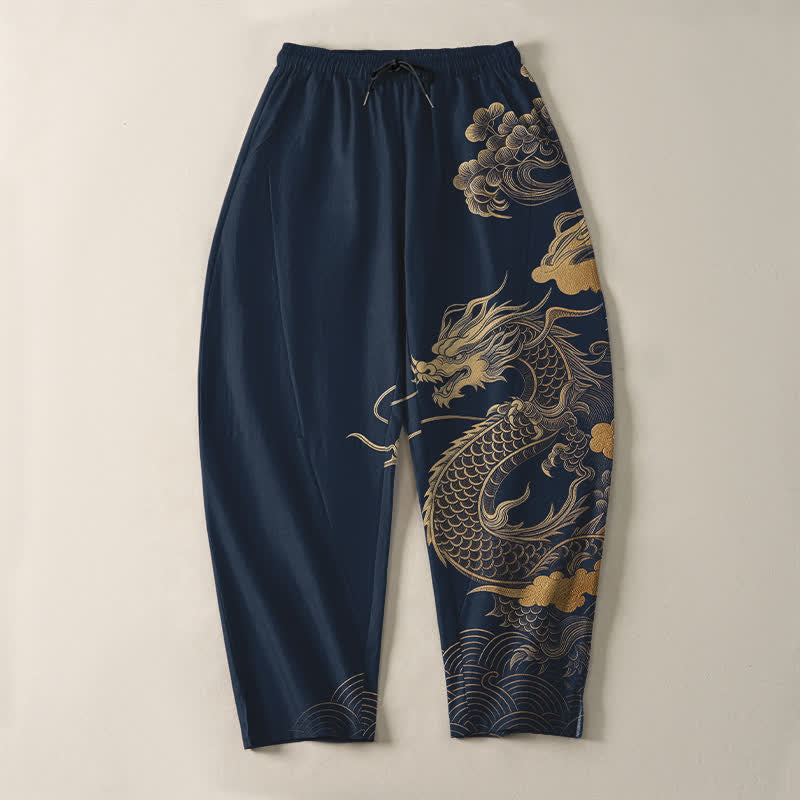 Nimara Ritual Pure Cotton Golden Dragon Cloud Pattern Drawstring Men's Tapered Pants With Pockets