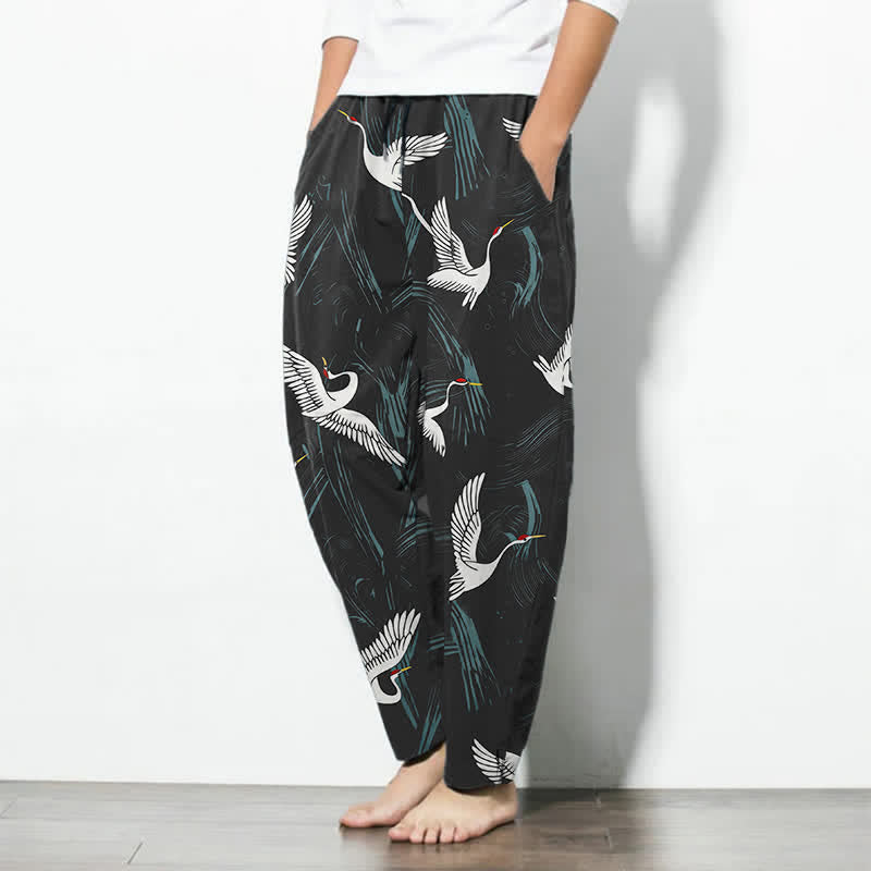 Nimara Ritual Pure Cotton Black White Crane Pattern Drawstring Men's Tapered Pants With Pockets