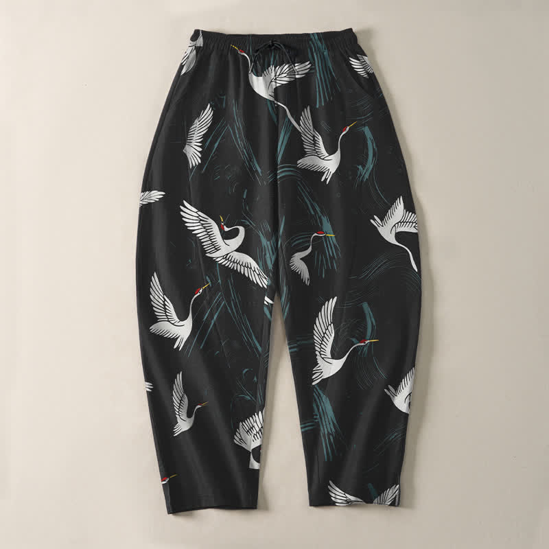 Nimara Ritual Pure Cotton Black White Crane Pattern Drawstring Men's Tapered Pants With Pockets