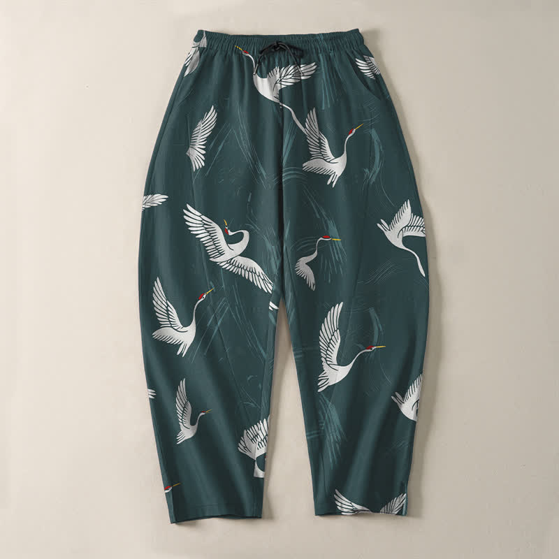 Nimara Ritual Pure Cotton Black White Crane Pattern Drawstring Men's Tapered Pants With Pockets
