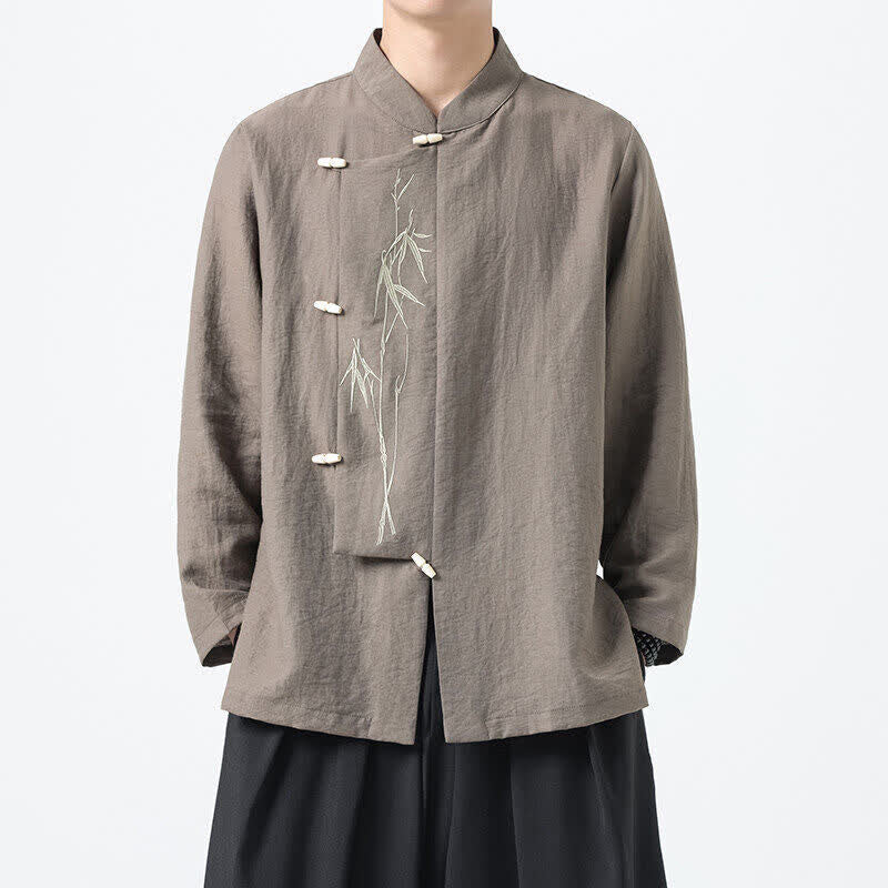 Nimara Ritual Spring Tang Style Vintage Mandarin Collar Frog Button Bamboo Embroidery Men's Long Sleeve Shirts