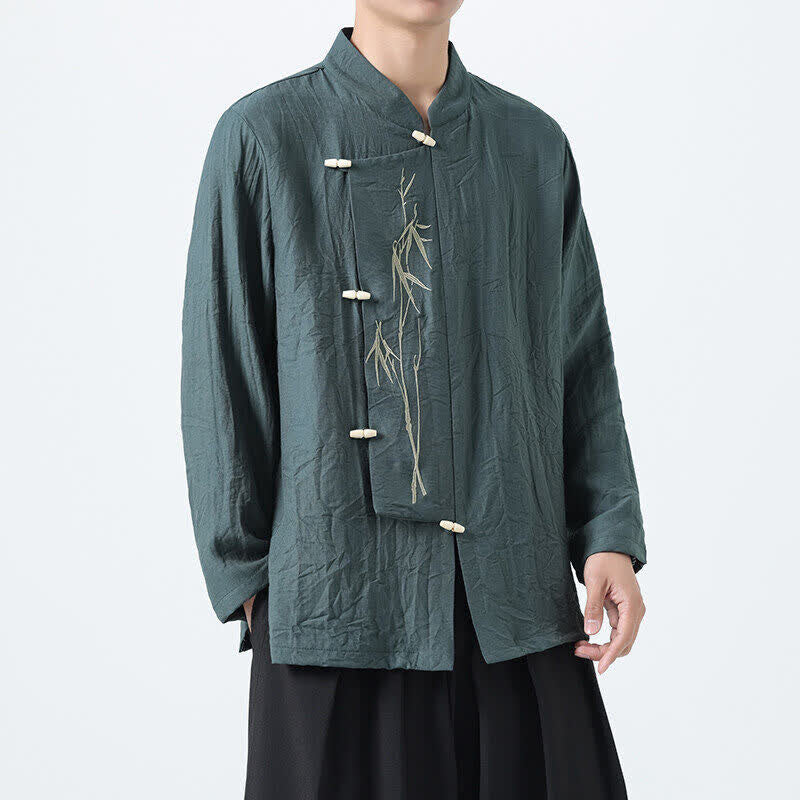 Nimara Ritual Spring Tang Style Vintage Mandarin Collar Frog Button Bamboo Embroidery Men's Long Sleeve Shirts