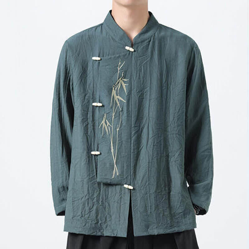 Nimara Ritual Spring Tang Style Vintage Mandarin Collar Frog Button Bamboo Embroidery Men's Long Sleeve Shirts