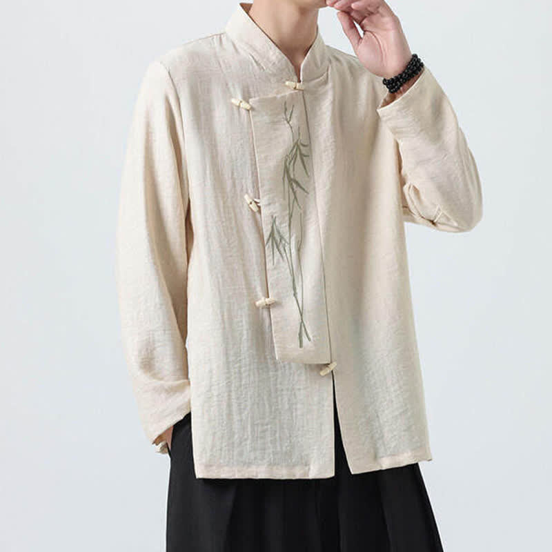 Nimara Ritual Spring Tang Style Vintage Mandarin Collar Frog Button Bamboo Embroidery Men's Long Sleeve Shirts