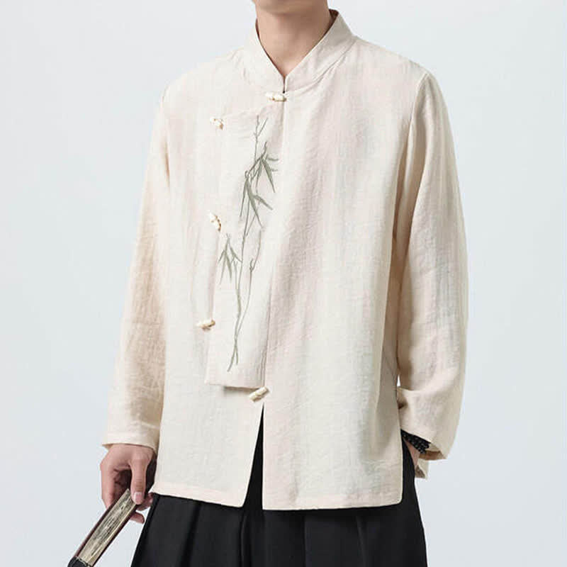 Nimara Ritual Spring Tang Style Vintage Mandarin Collar Frog Button Bamboo Embroidery Men's Long Sleeve Shirts