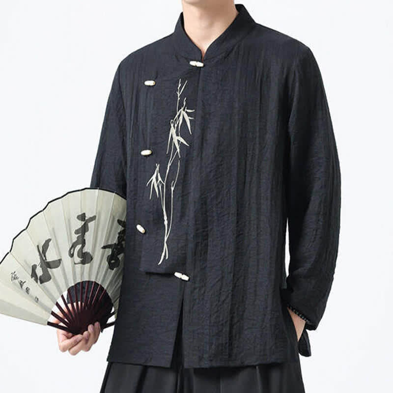Nimara Ritual Spring Tang Style Vintage Mandarin Collar Frog Button Bamboo Embroidery Men's Long Sleeve Shirts